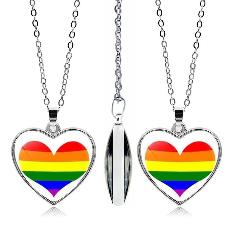 Wholesale Rainbow Time Gem Peach Heart Double Sided Pendant Alloy Necklaces